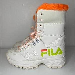 NWT FILA BOOTS 10 DISRUPTOR WHITE ORANGE SHEARLING TOP WINTER SNOWBOOTS LACE UP
